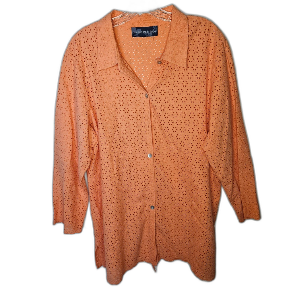 Susan Graver Blouse Cotton Eyelet Scalloped Hem Long Sleeve Orange Size 1X